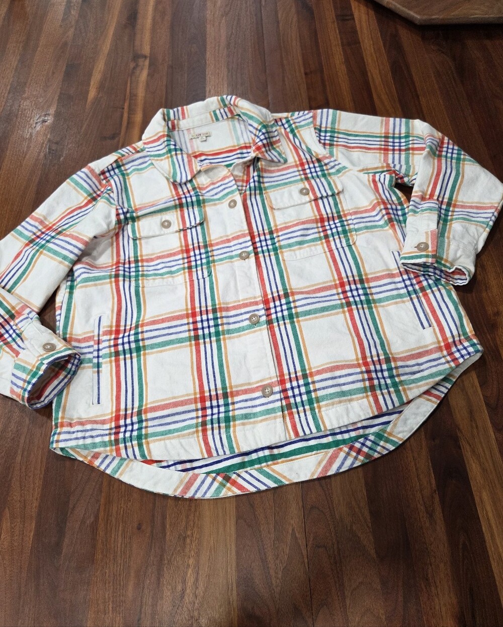 Molly Yeh White Rainbow Plaid Shirt Jacket Shacket Button Down Pockets Size XL